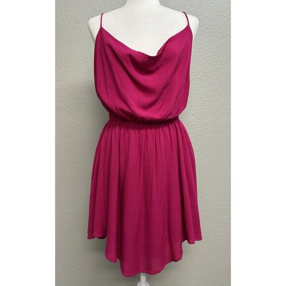 Indah Tahani Drape Neck Strappy Back Fuchsia Flowy Mini Dress Size Large - Picture 1 of 13